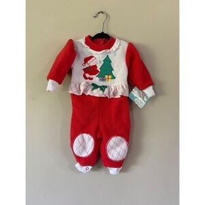 Vintage Bright Future Christmas Fleece Romper Santa Tree Red White 0/3 Deadstock